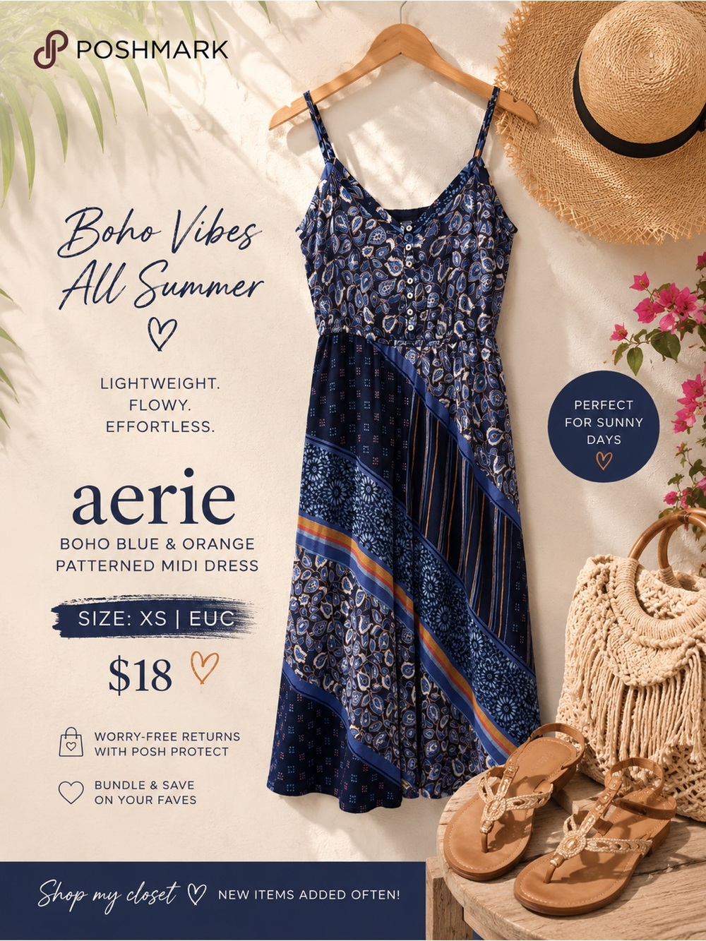 Aerie Boho Blue and Orange Patterned Midi Dress